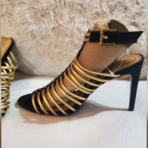 Lauren Ralph Lauren Leather Black and Gold Strappy Heels. Size 7.5 B Never Worn